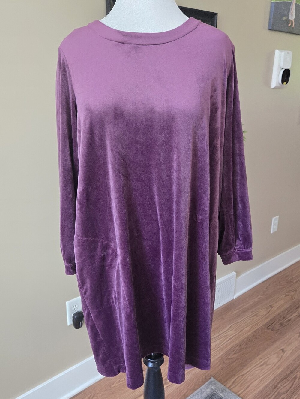Plush Velvet Feel Long Sleeve Shift Dress - Deep Plum